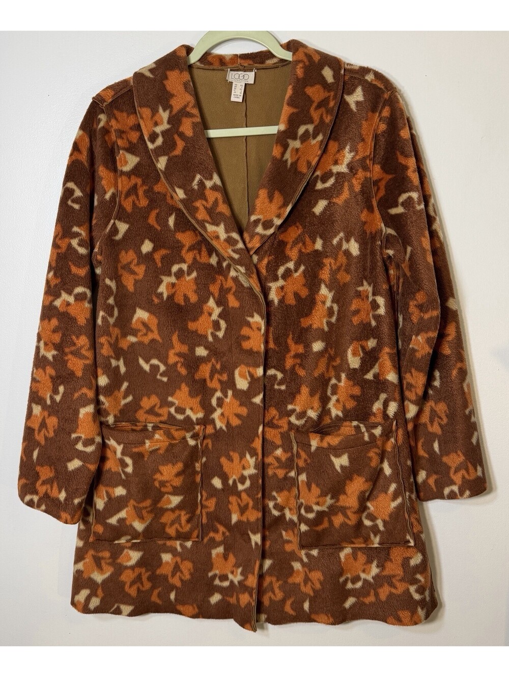 LOGO Lori Goldstein Long Fleece Jacket Orange Brown Fall Leaf Print Cardigan XS